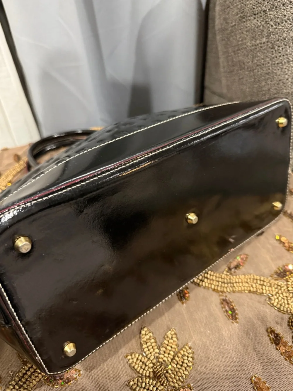 Arcadia Black Patent Leather Tote with Subtle Red Trim